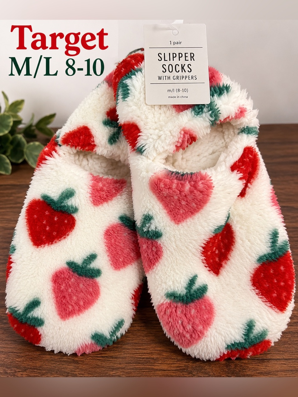 Target Strawberry Slipper Socks M/L 8-10 NWT Plush Faux Fur Grippers